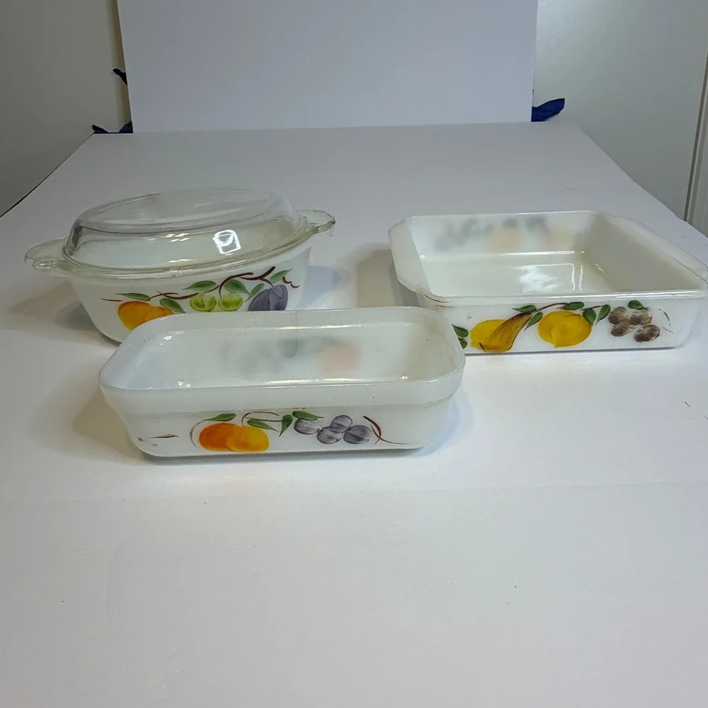 Vintage Fire-King Gay Fad Fruit Milk Glass Bakeware Set 3pc Anchor Hocking